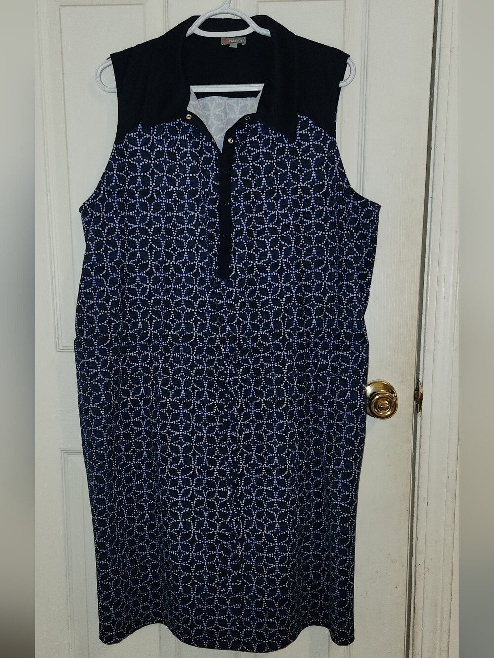 EUC T by Talbots Womens Collared Navy Printed Sleeveless Dress Tie Waist Pockets